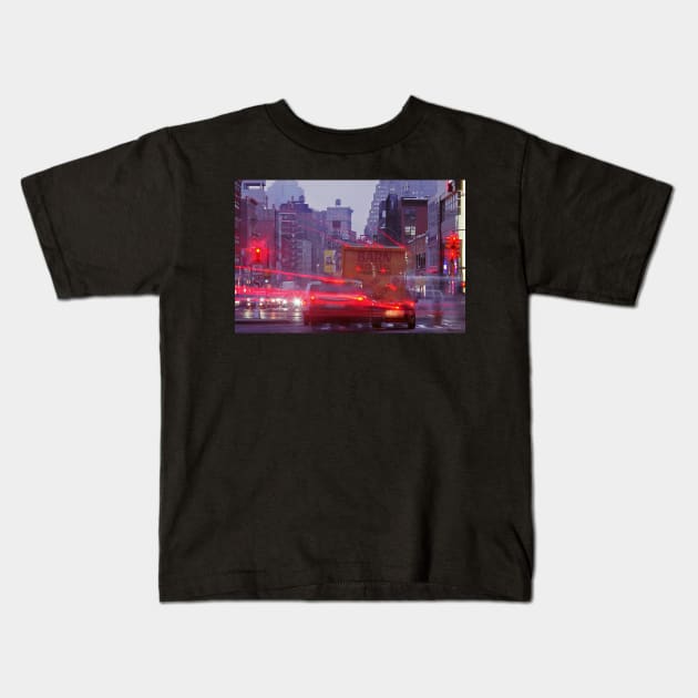 Light trails of cars at twilight in Canal Street in Manhattan, New York City Kids T-Shirt by Reinvention